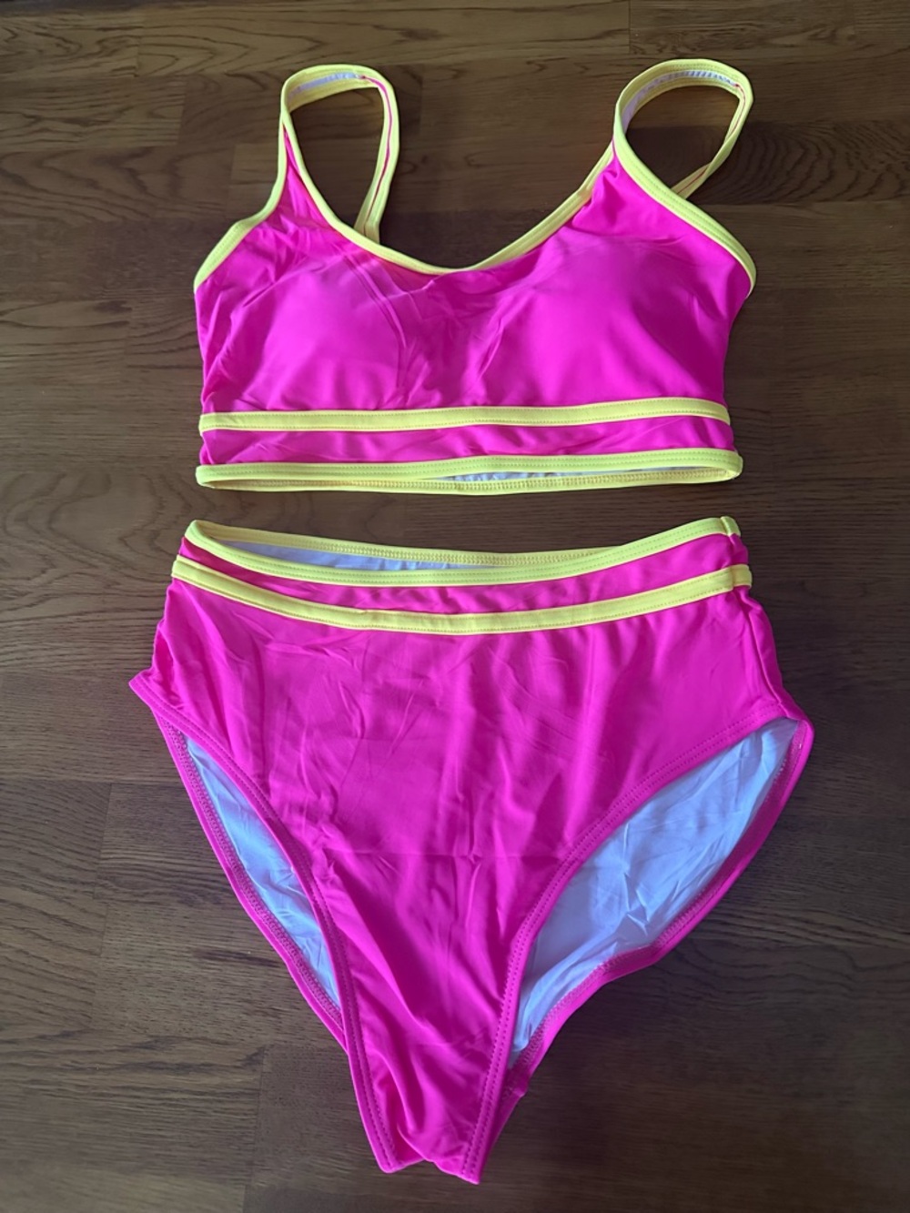 Hot Pink Two-Piece Bikini with Yellow Trim
